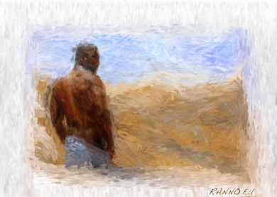painted black guy in sand dunes