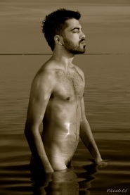 Ali in water, b&w