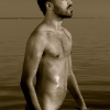 Ali in water, b&w